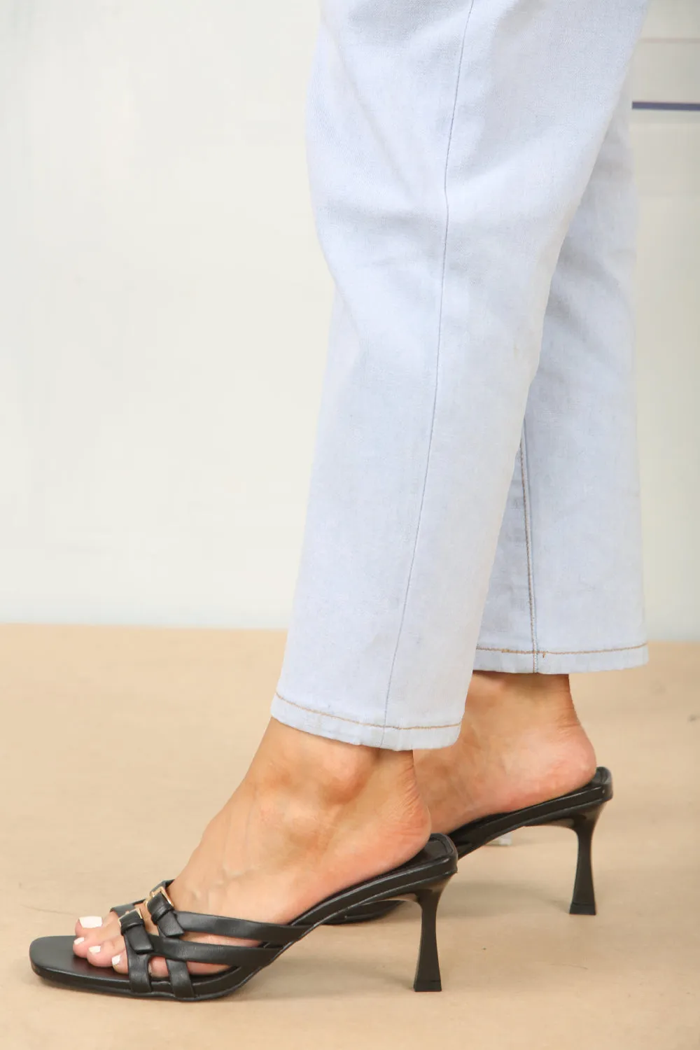 BLACK CROSS OVER BUCKLE DETAIL LOW STRAP HEEL