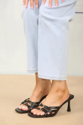 BLACK CROSS OVER BUCKLE DETAIL LOW STRAP HEEL