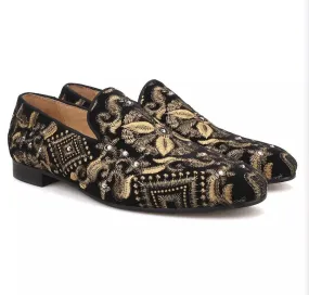Black Embroidered Gold Velvet Loafers