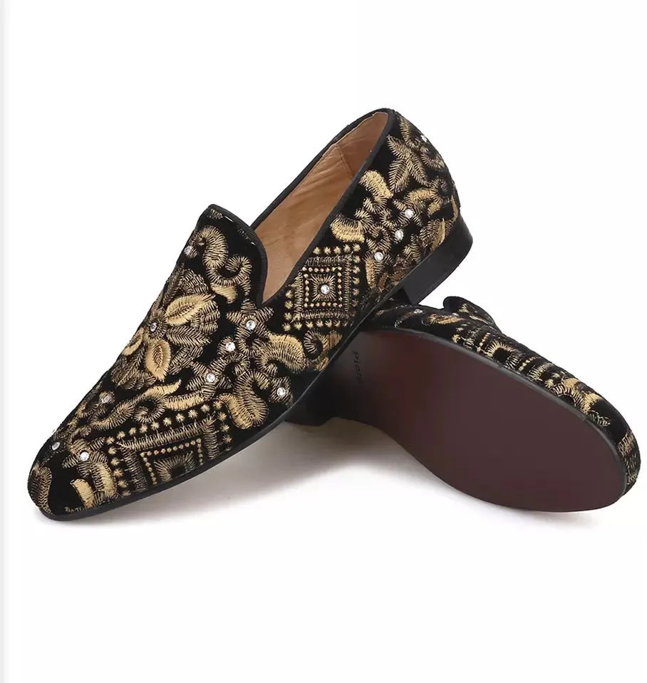 Black Embroidered Gold Velvet Loafers