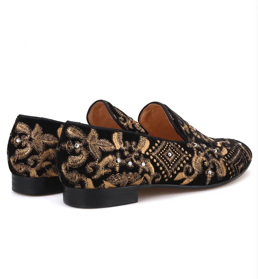 Black Embroidered Gold Velvet Loafers