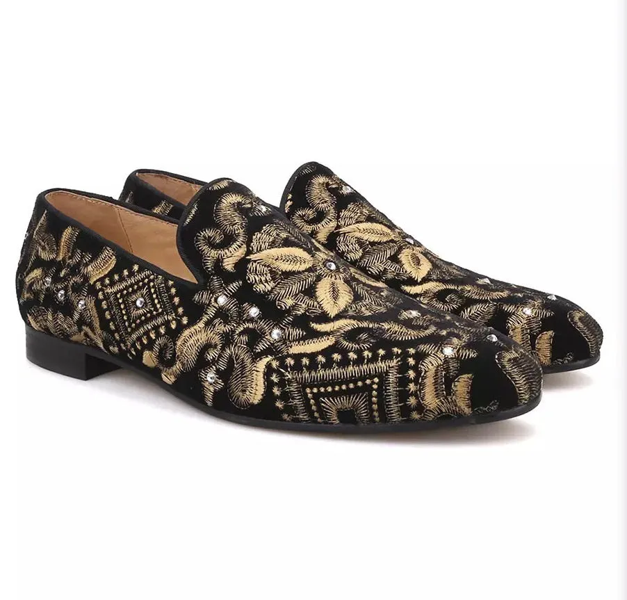 Black Embroidered Gold Velvet Loafers