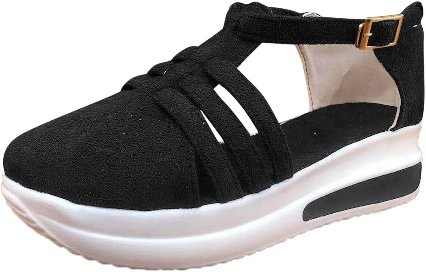 Black Sandals Women Wedge, Sandals for Women Wedge Dressy Breathable Flat Slippers Open Toe Walking Shoes