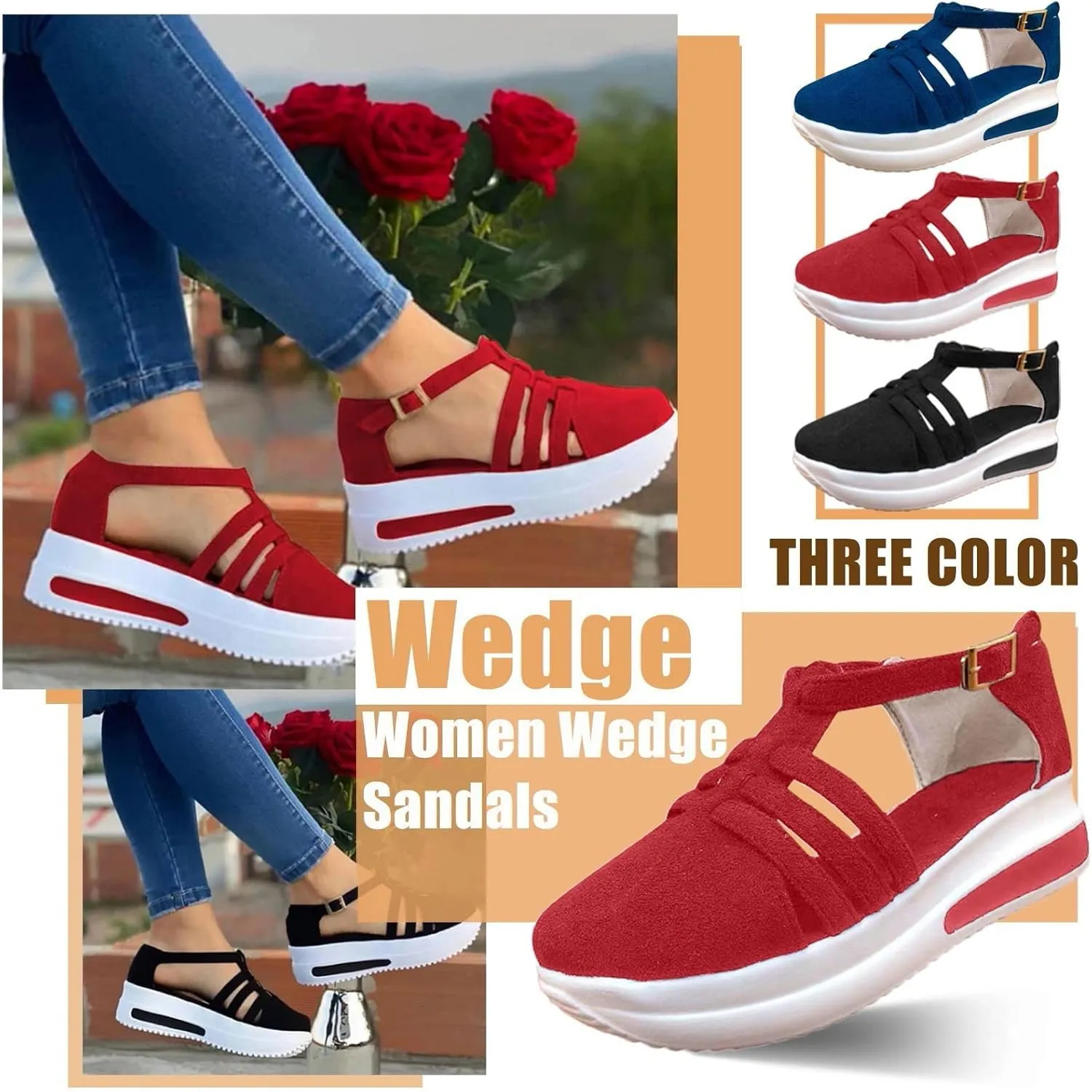 Black Sandals Women Wedge, Sandals for Women Wedge Dressy Breathable Flat Slippers Open Toe Walking Shoes