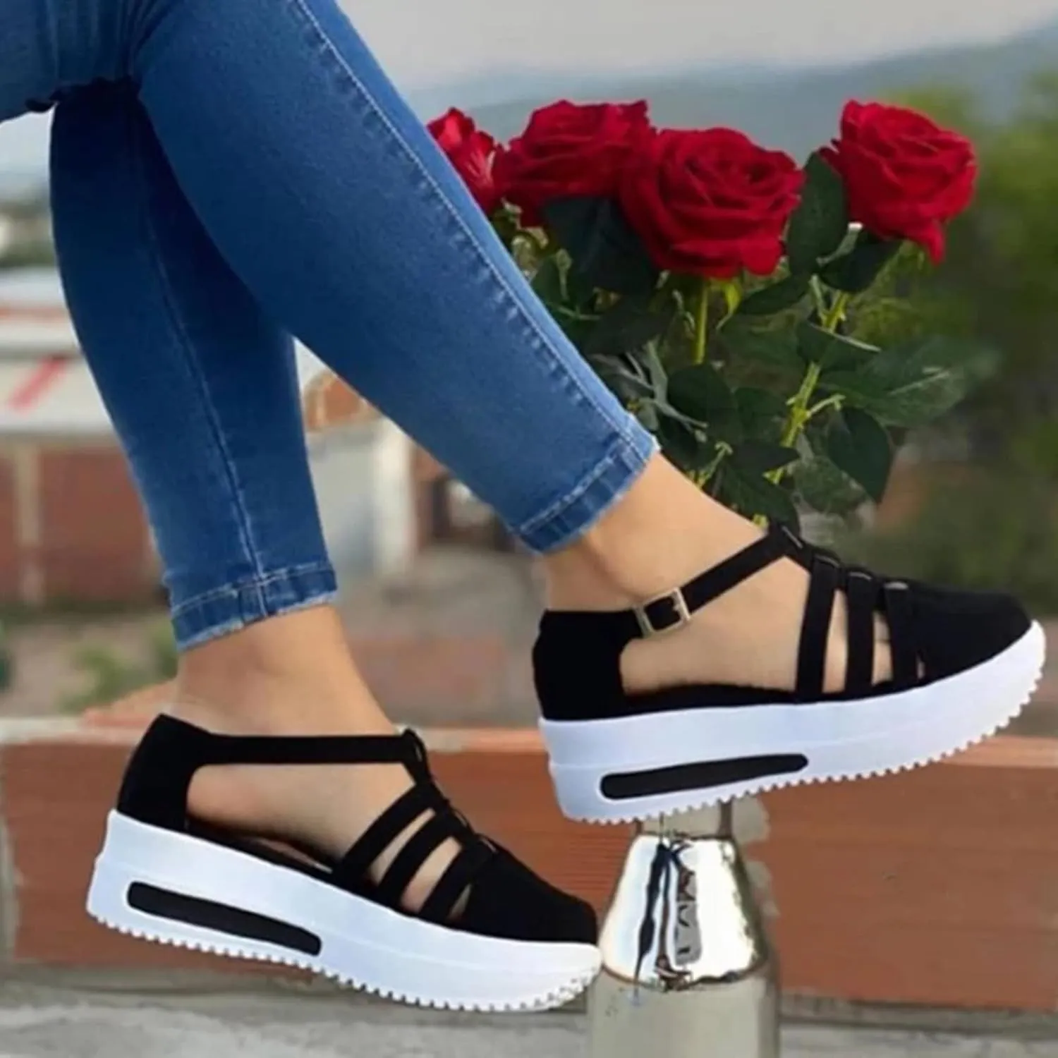 Black Sandals Women Wedge, Sandals for Women Wedge Dressy Breathable Flat Slippers Open Toe Walking Shoes