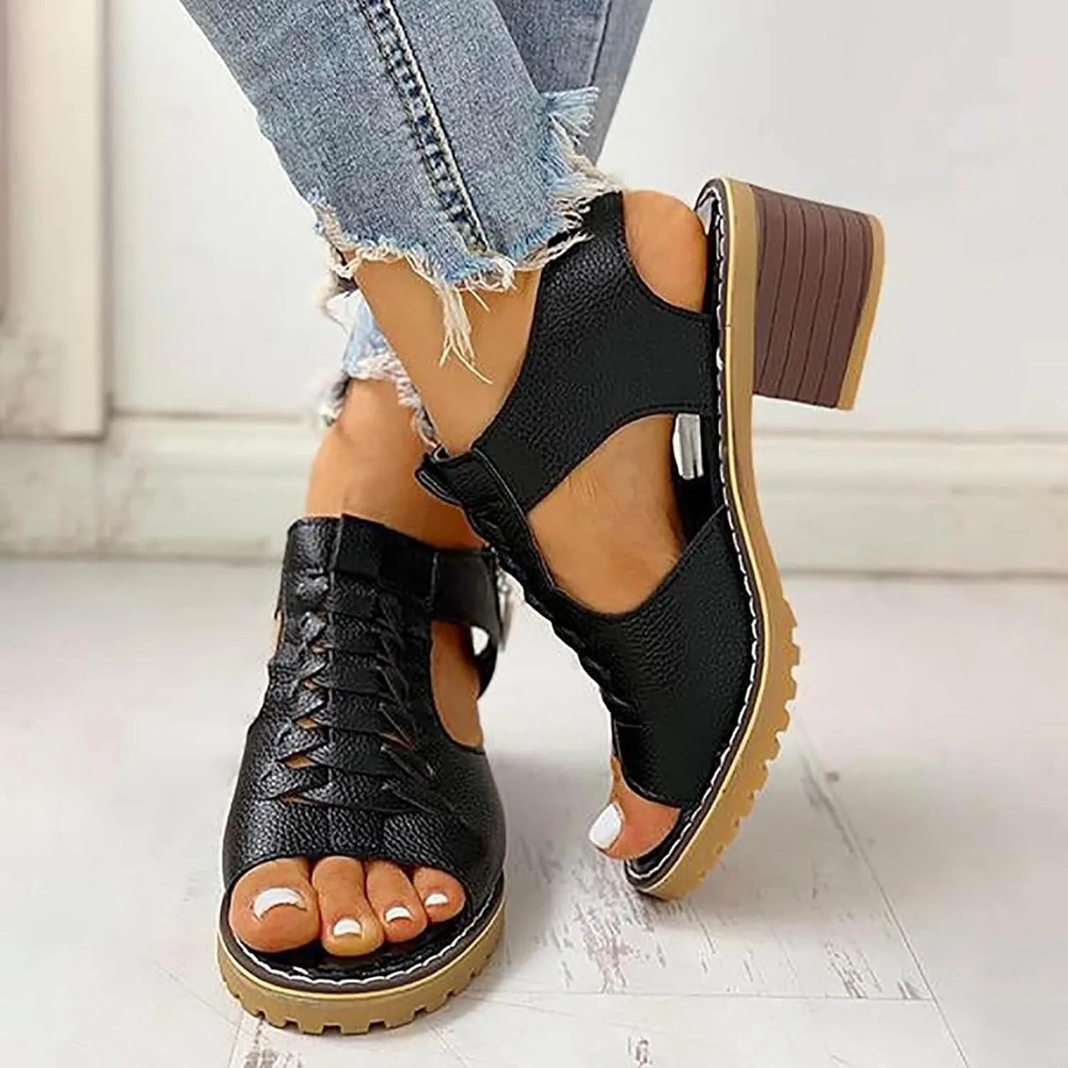 Block Heel Sandals for Women,Comfortable Open Toe Low Chunky Heels Dress Sandal Womens Mid Womens Dressy Summer Side Zipper Ankle Strap Classic Fashion Party Straps Comfortable Walking Shoes