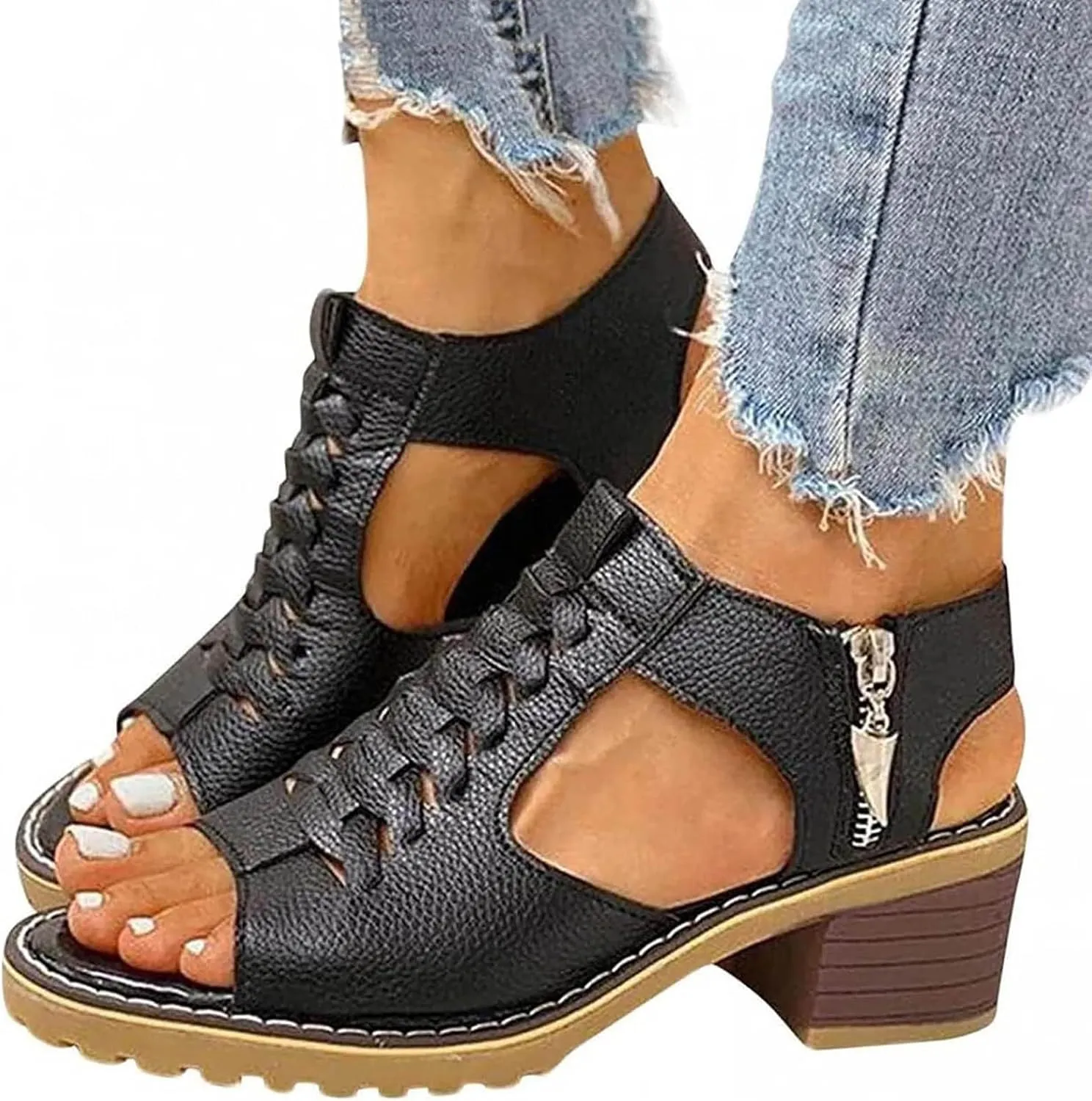 Block Heel Sandals for Women,Comfortable Open Toe Low Chunky Heels Dress Sandal Womens Mid Womens Dressy Summer Side Zipper Ankle Strap Classic Fashion Party Straps Comfortable Walking Shoes
