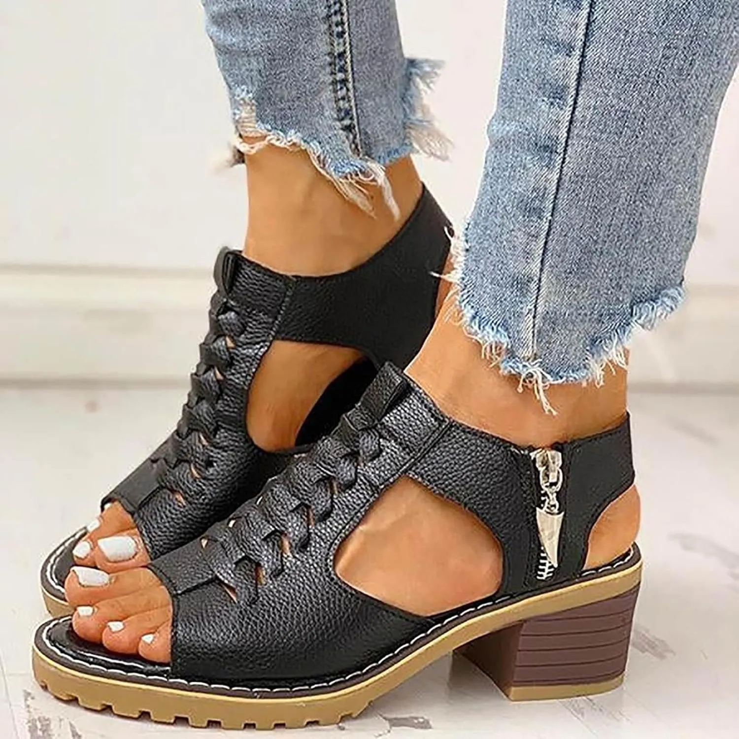 Block Heel Sandals for Women,Comfortable Open Toe Low Chunky Heels Dress Sandal Womens Mid Womens Dressy Summer Side Zipper Ankle Strap Classic Fashion Party Straps Comfortable Walking Shoes