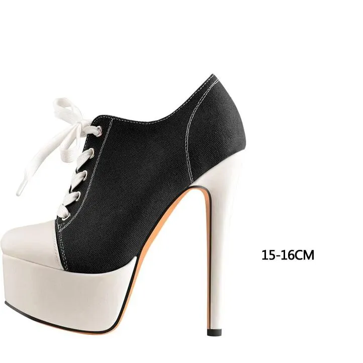 Canvas High Heel Platform Lace Up Round Toe Shoes