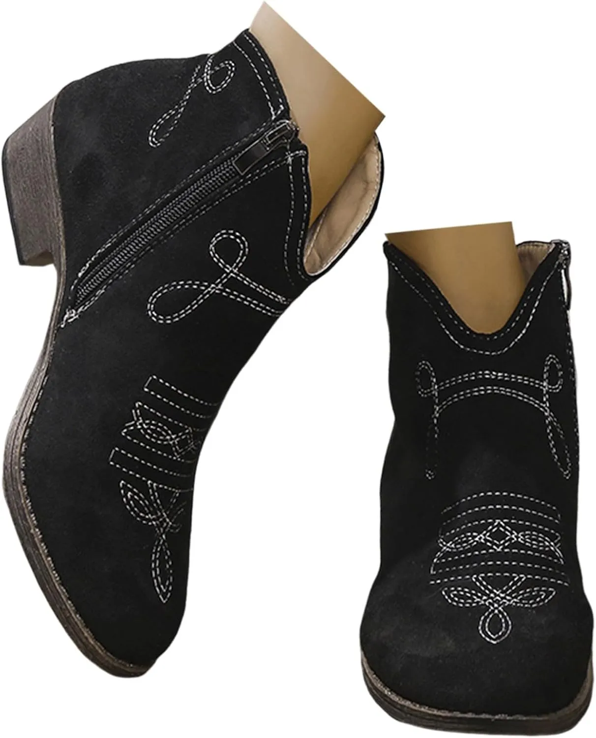 Cowboy Boots for Women Low Heel with Side Zip Western Durable Cowgirl Boots Comfortable Women's Ankle Boots Fashion Booties