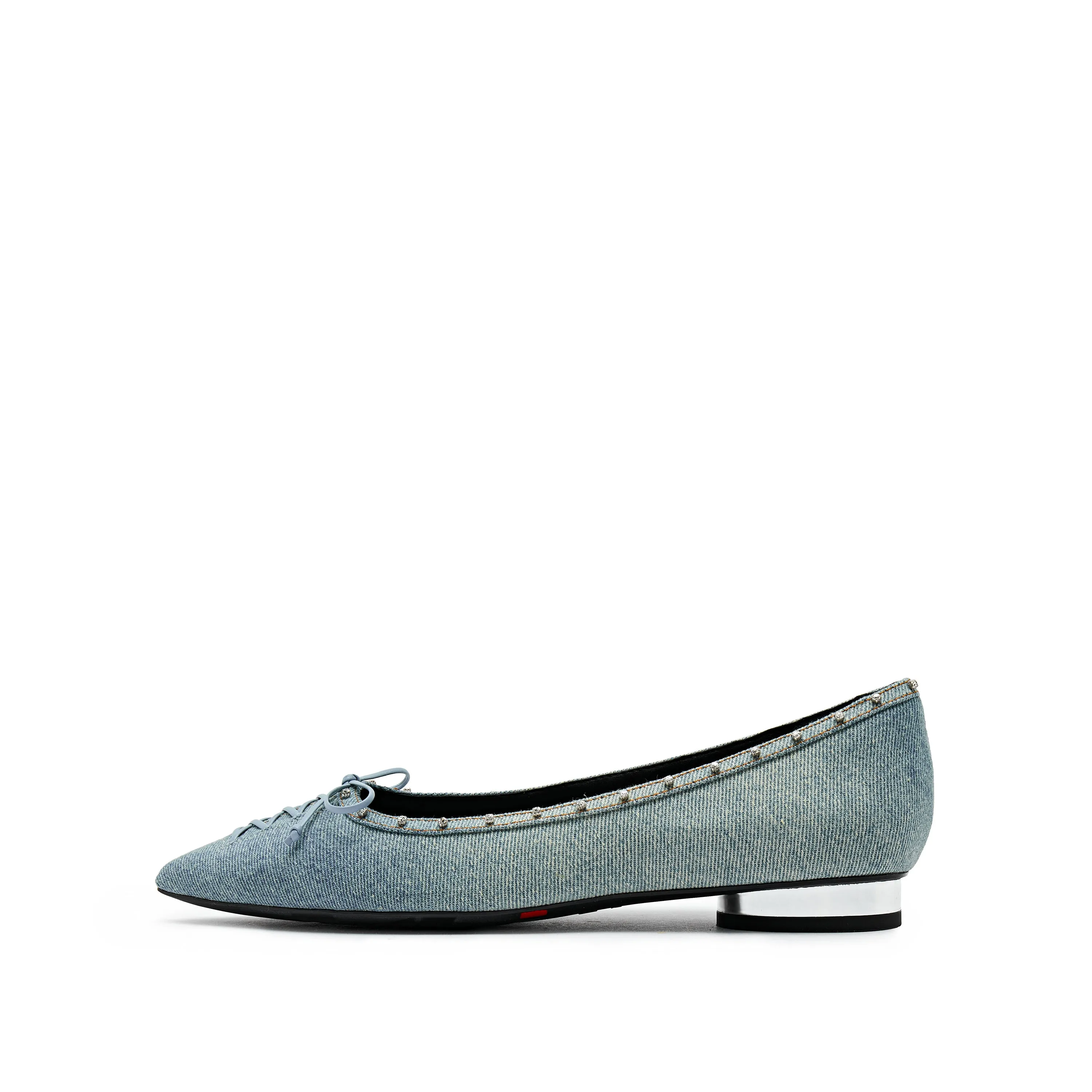 Denim Bow Tie Crystal Pointy Flats