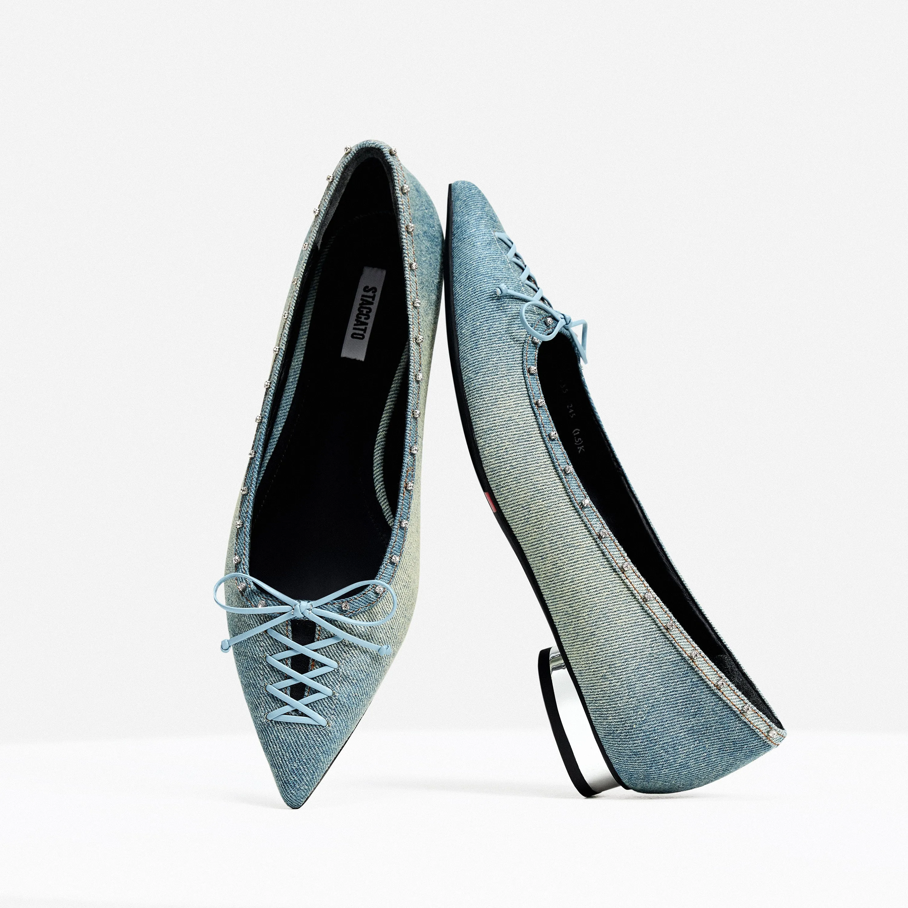 Denim Bow Tie Crystal Pointy Flats