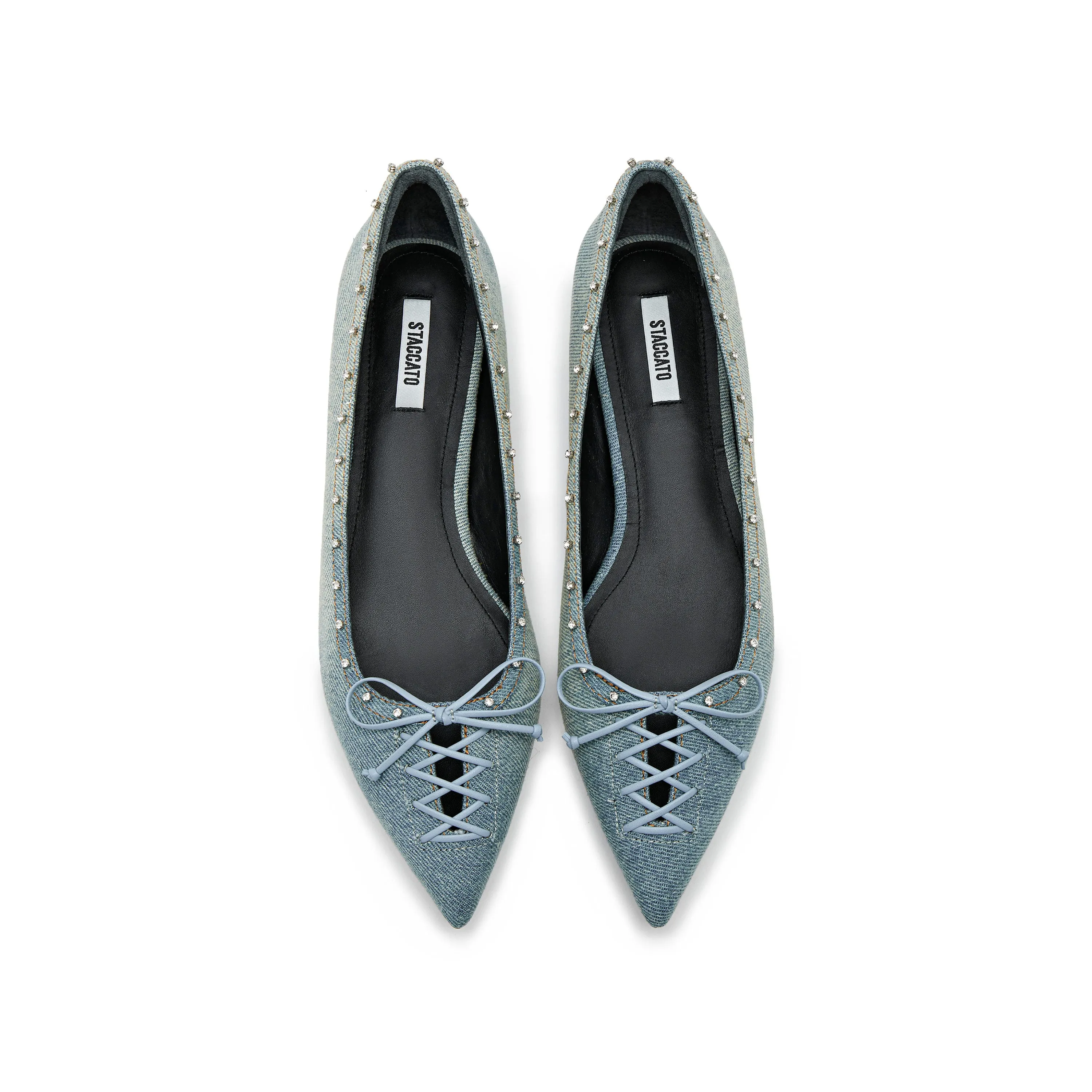 Denim Bow Tie Crystal Pointy Flats