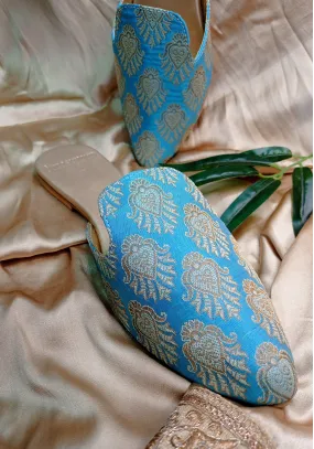Dreamy Blue and Gold Zari Mules