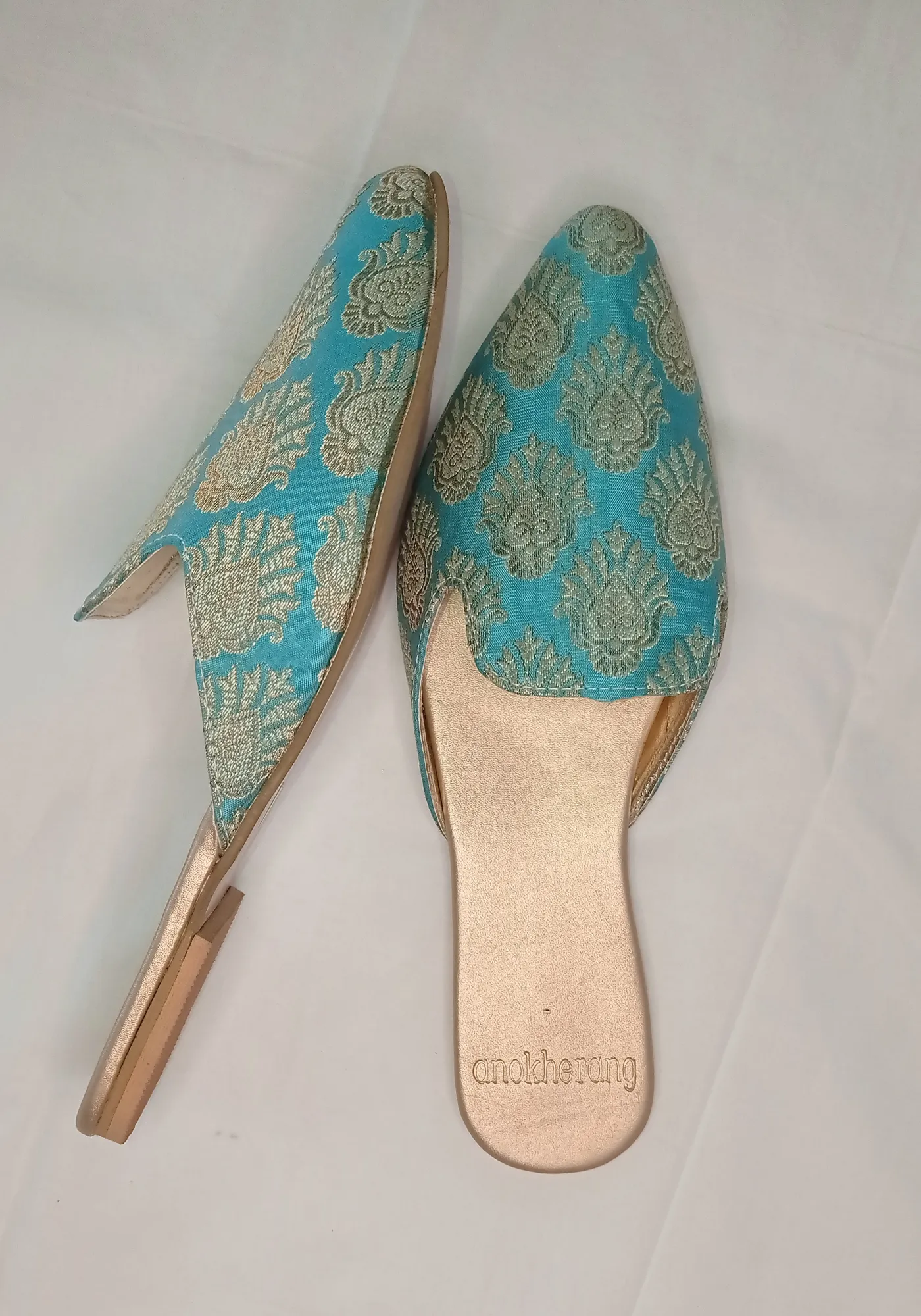 Dreamy Blue and Gold Zari Mules