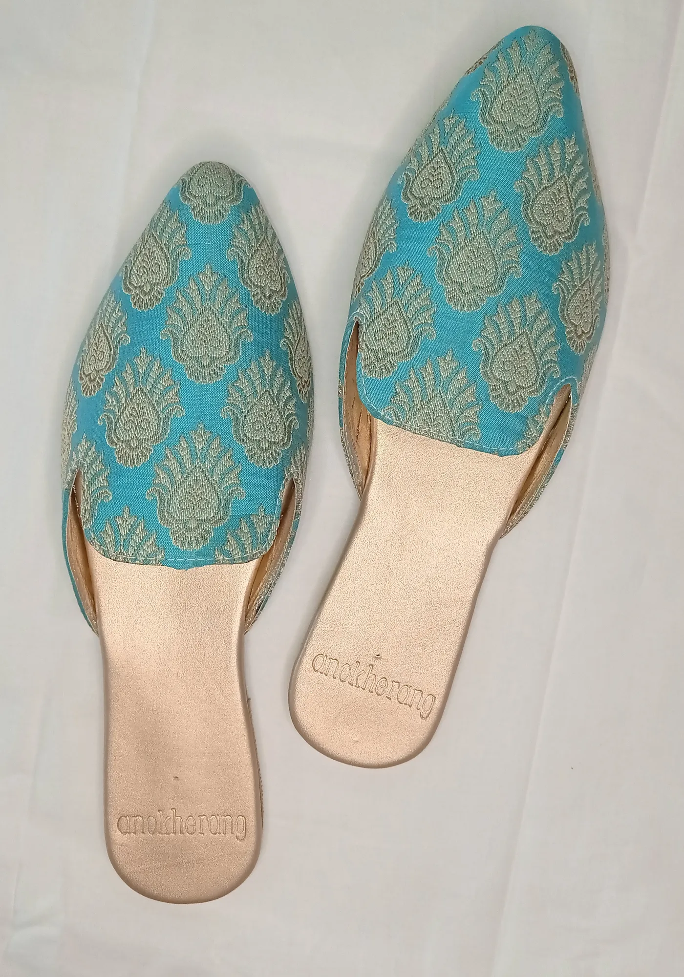 Dreamy Blue and Gold Zari Mules