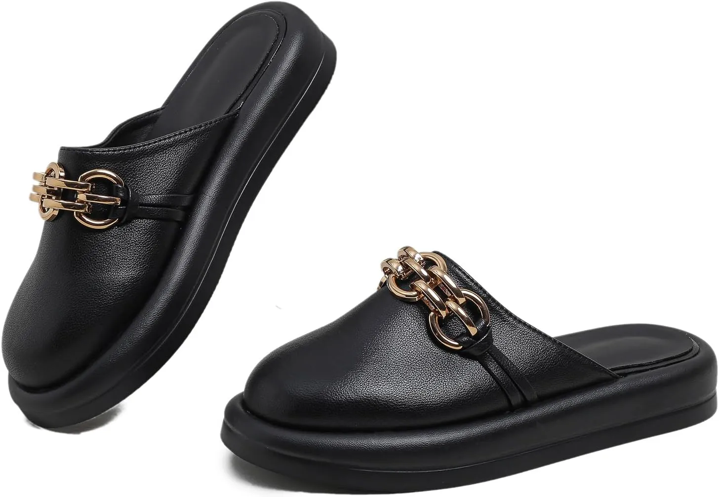 Dumalum Mules for Women Flats Closed Round Toe Slip on Sandals Comfortable Loafers Slides Shoes with Metal Chain Decor