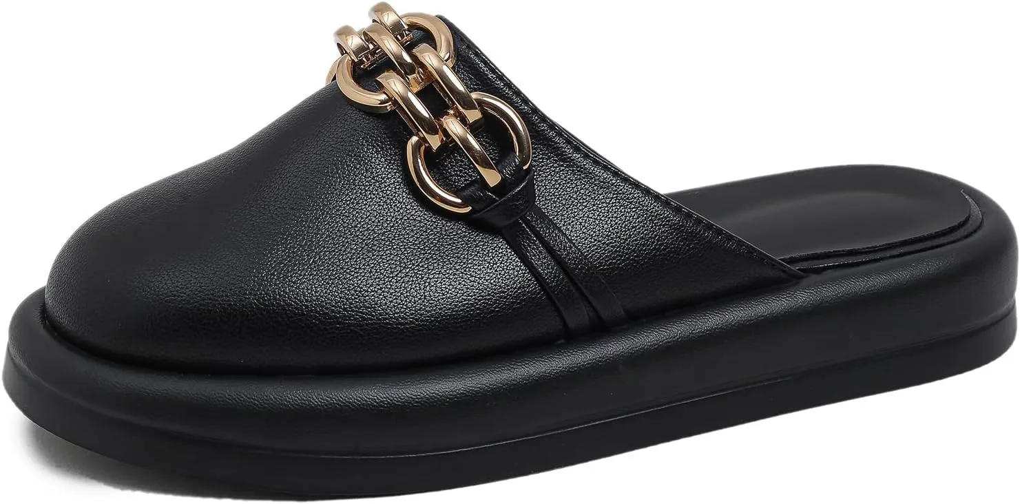 Dumalum Mules for Women Flats Closed Round Toe Slip on Sandals Comfortable Loafers Slides Shoes with Metal Chain Decor