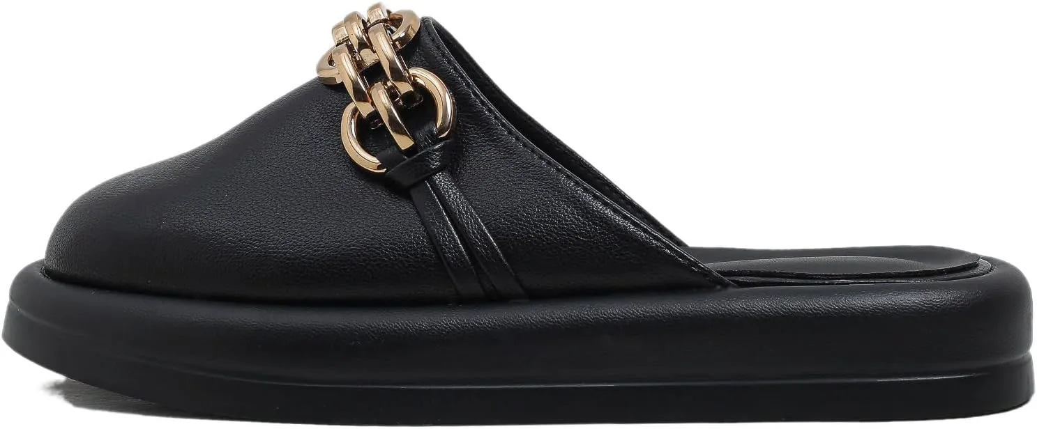 Dumalum Mules for Women Flats Closed Round Toe Slip on Sandals Comfortable Loafers Slides Shoes with Metal Chain Decor