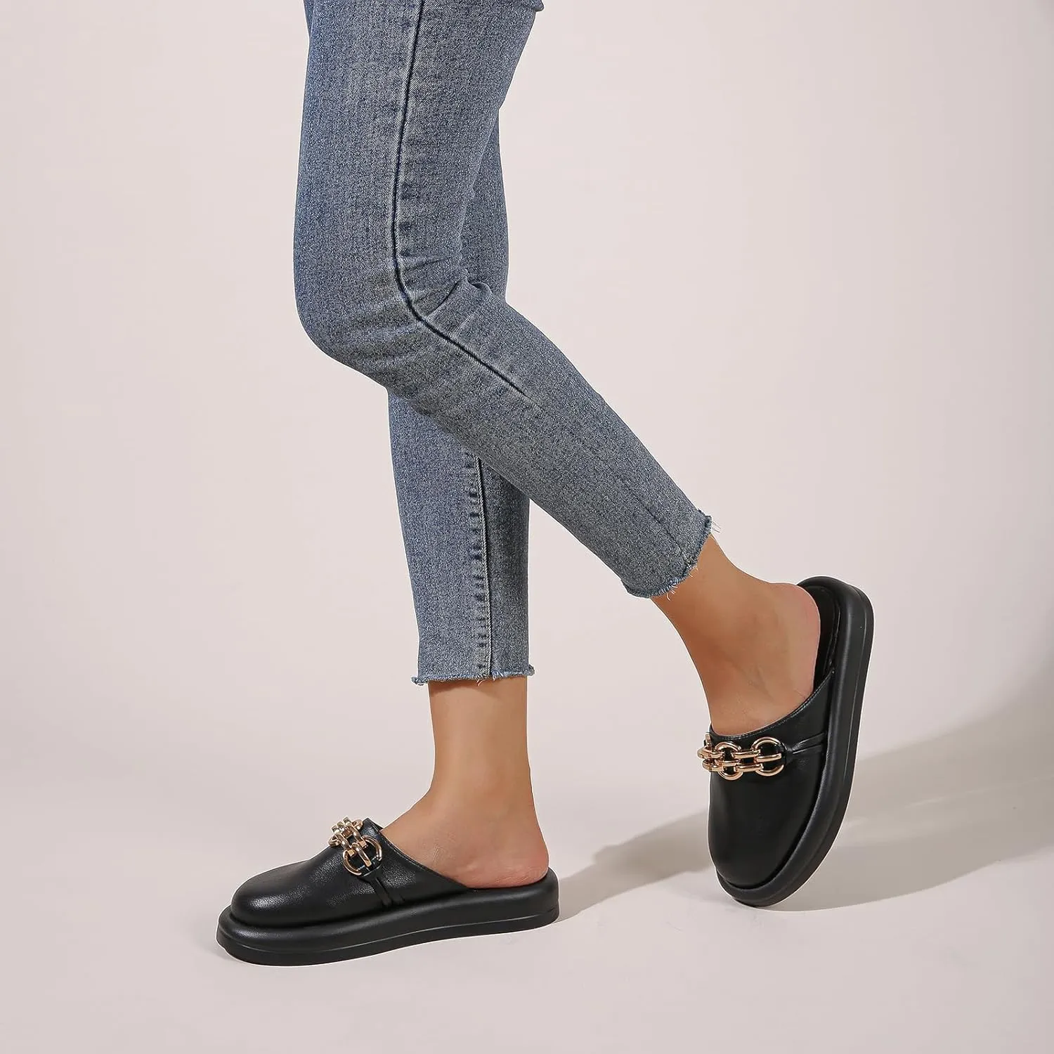Dumalum Mules for Women Flats Closed Round Toe Slip on Sandals Comfortable Loafers Slides Shoes with Metal Chain Decor