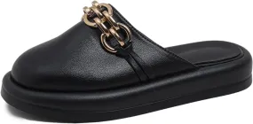Dumalum Mules for Women Flats Closed Round Toe Slip on Sandals Comfortable Loafers Slides Shoes with Metal Chain Decor