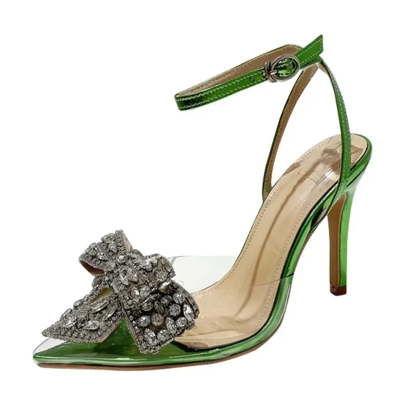 Green Pointed Toe Crystal PVC Transparent Women's Pumps with Sexy Buckle Strap, Summer Stiletto High Heels