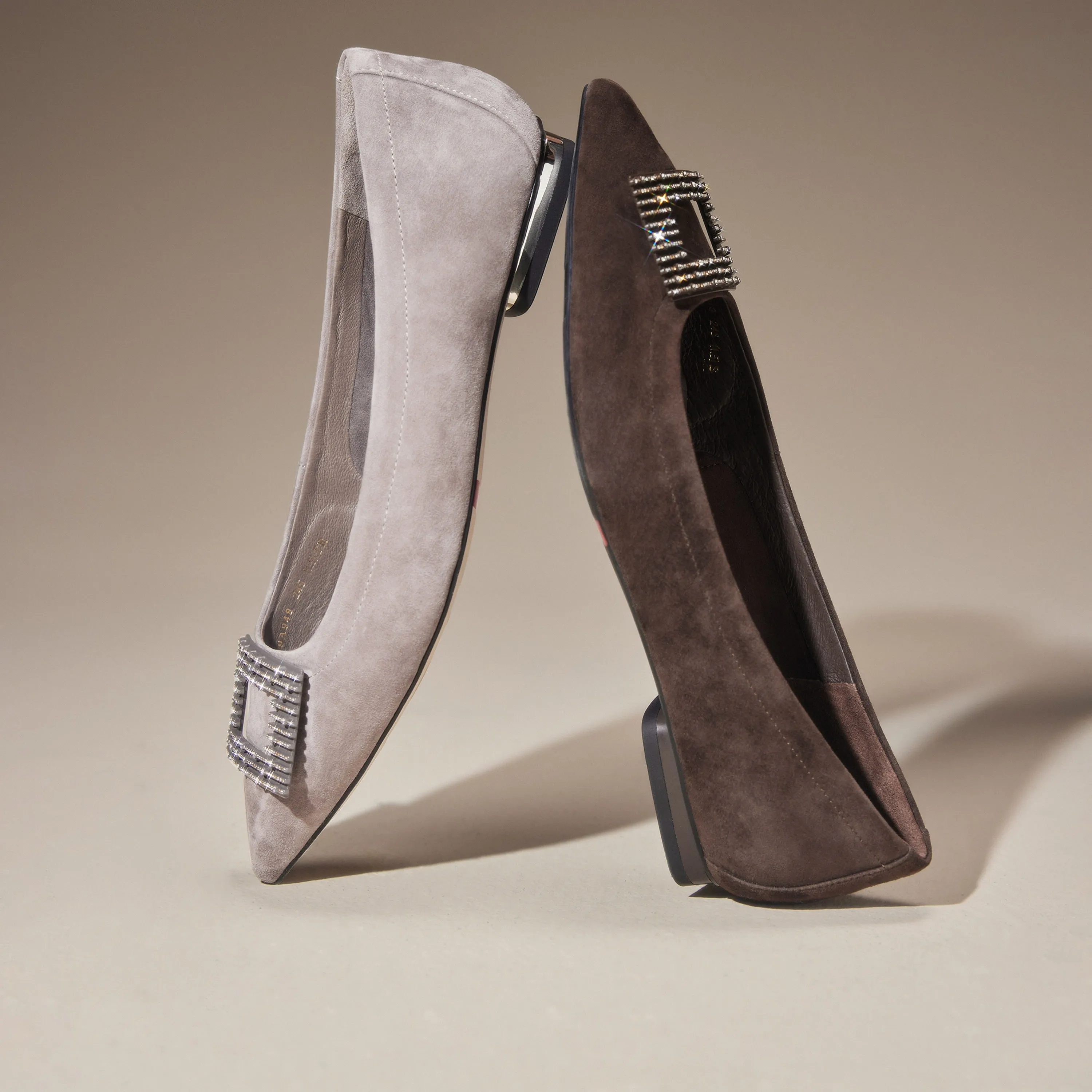 Grey Square Buckle Suede Pointy Flats