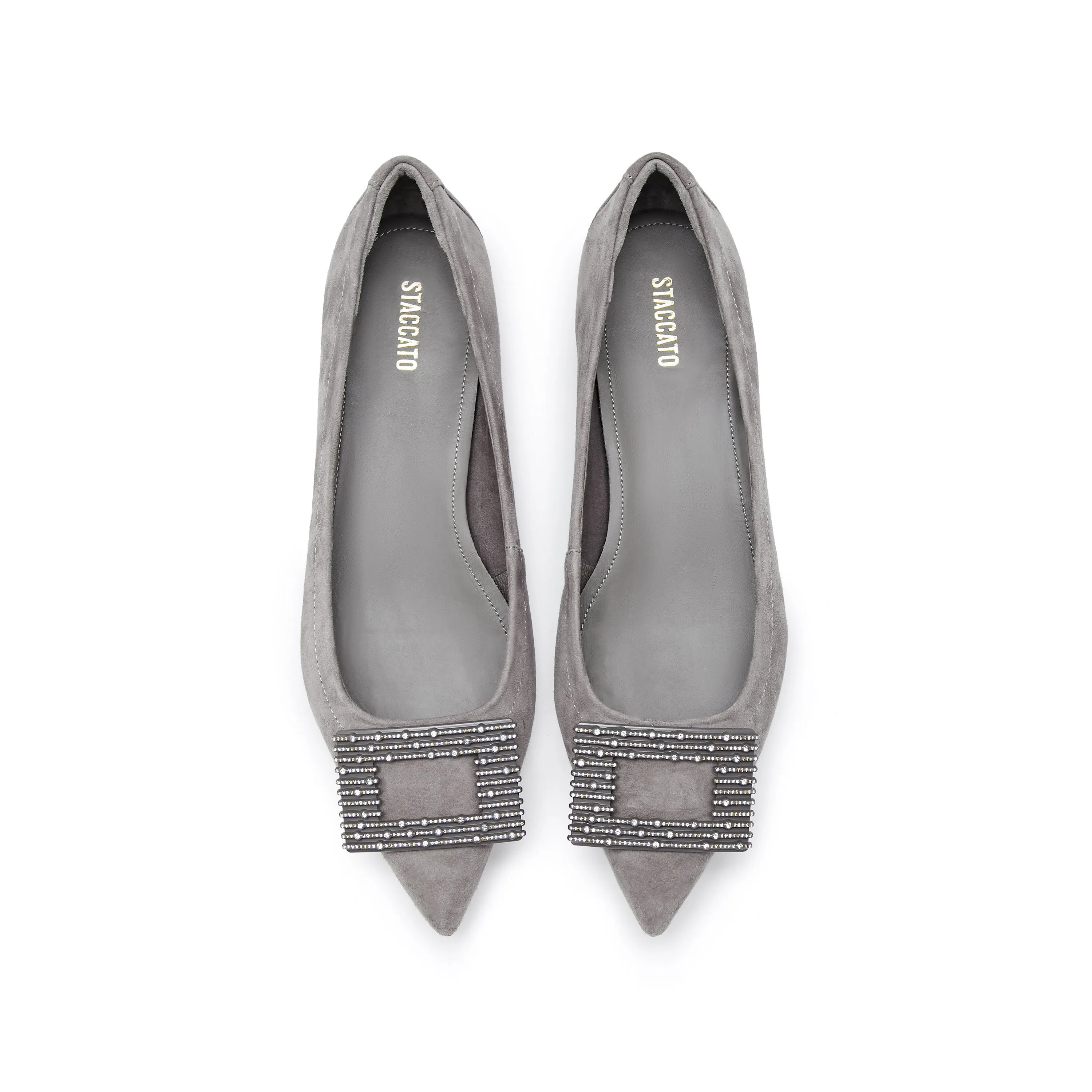 Grey Square Buckle Suede Pointy Flats