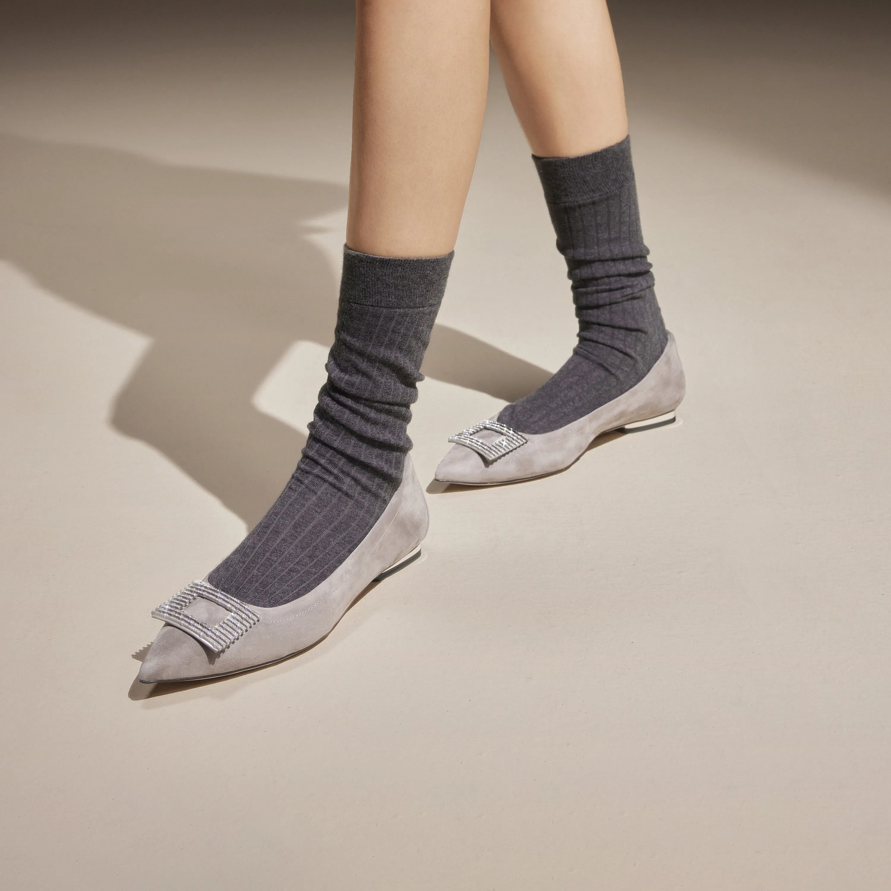 Grey Square Buckle Suede Pointy Flats