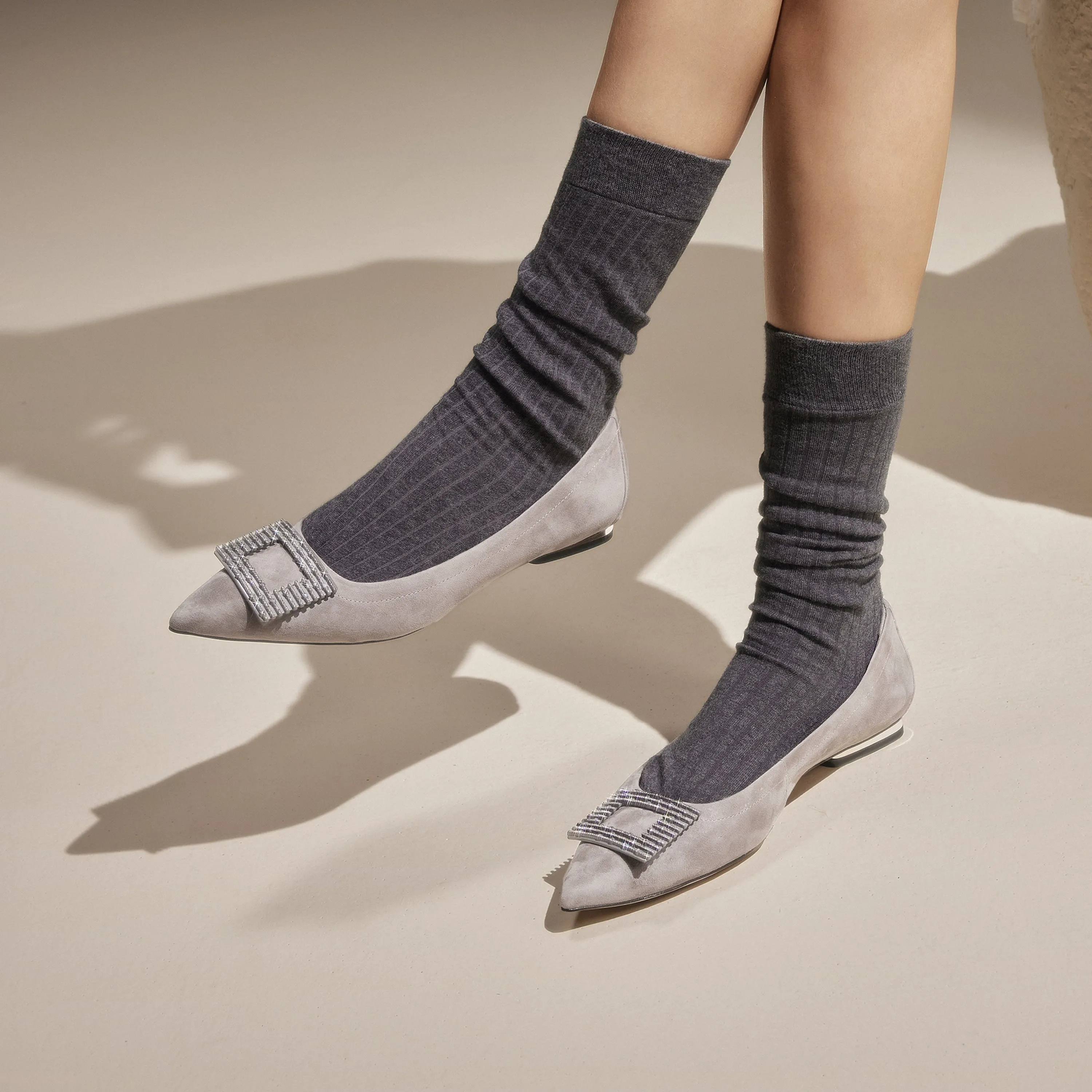 Grey Square Buckle Suede Pointy Flats