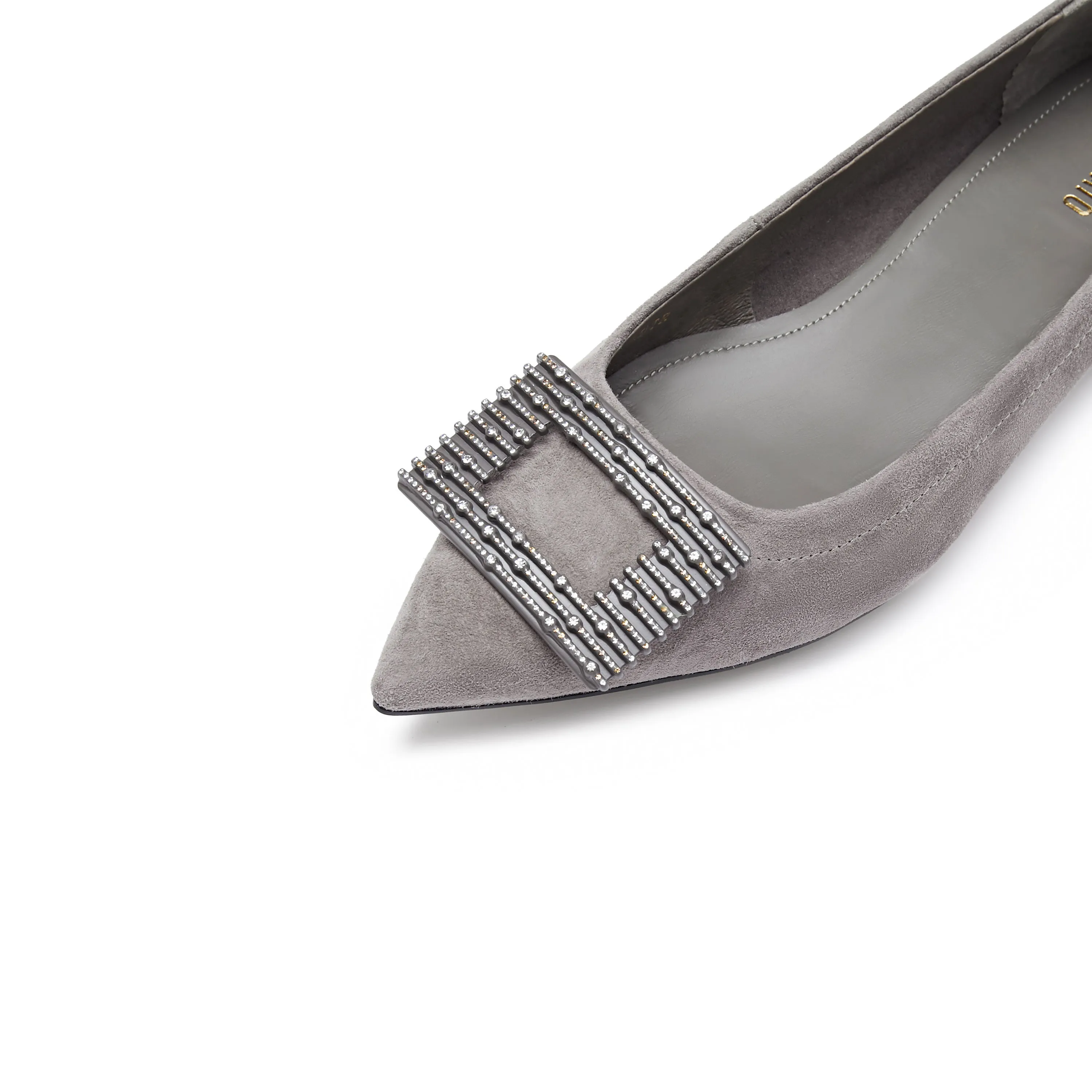 Grey Square Buckle Suede Pointy Flats