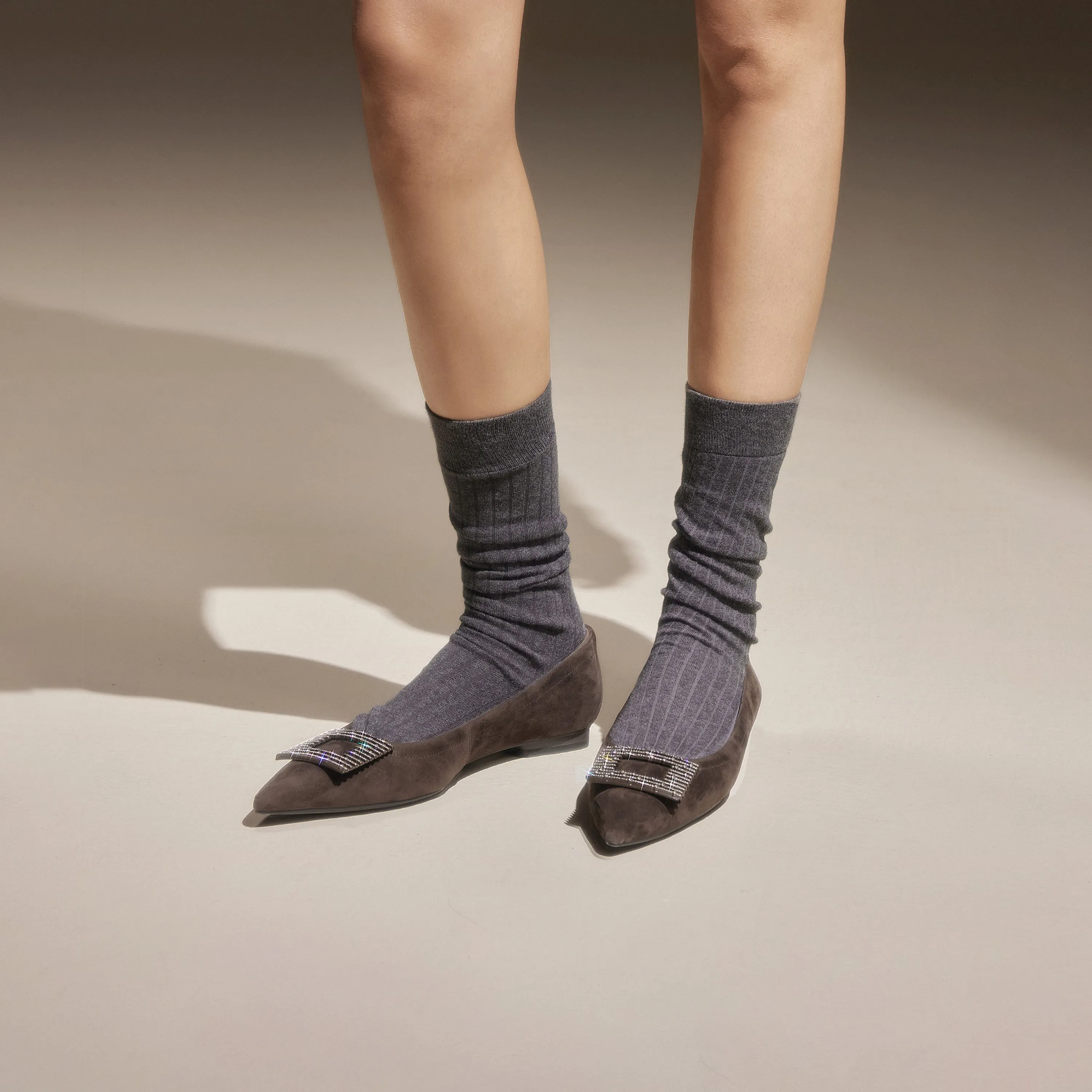 Grey Square Buckle Suede Pointy Flats