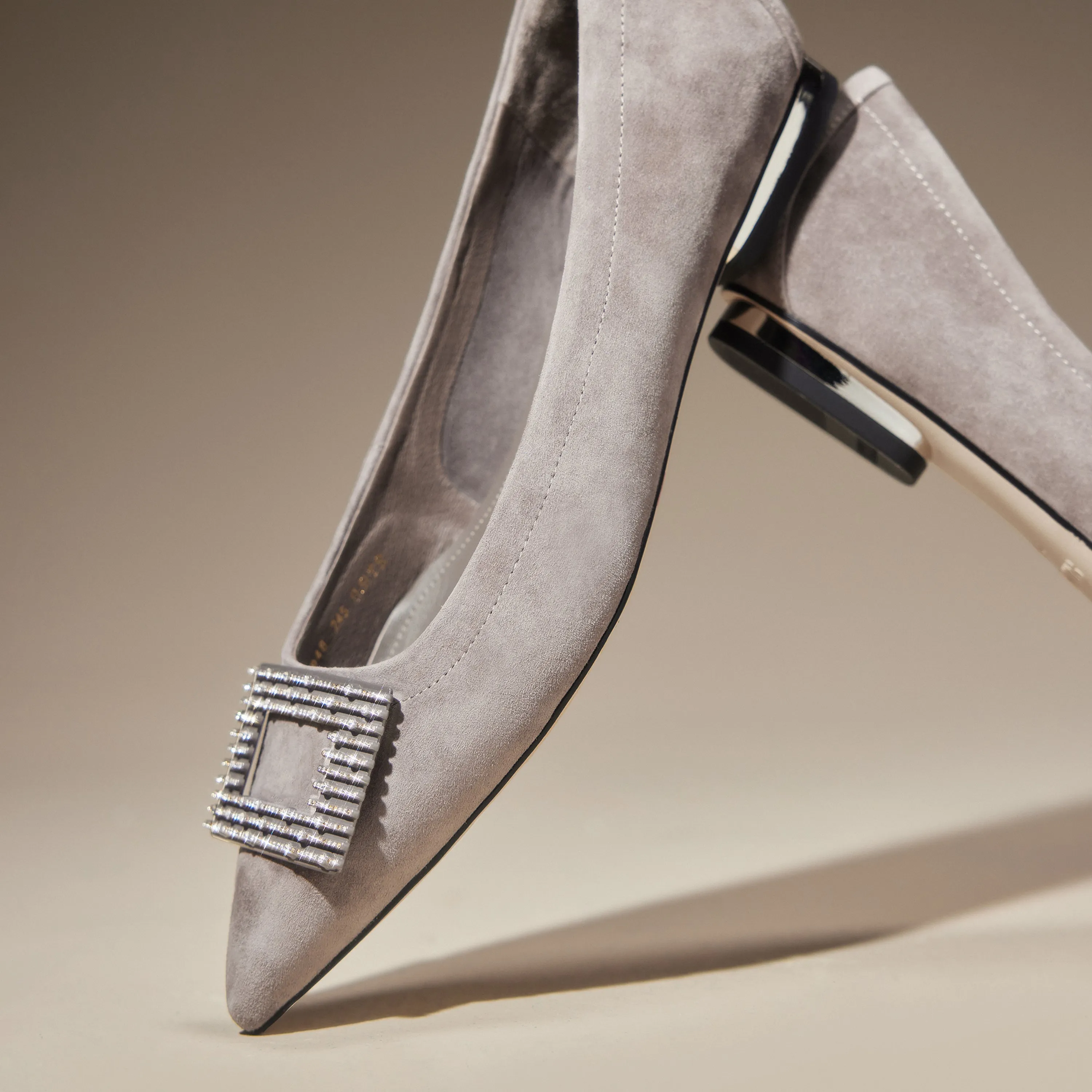Grey Square Buckle Suede Pointy Flats