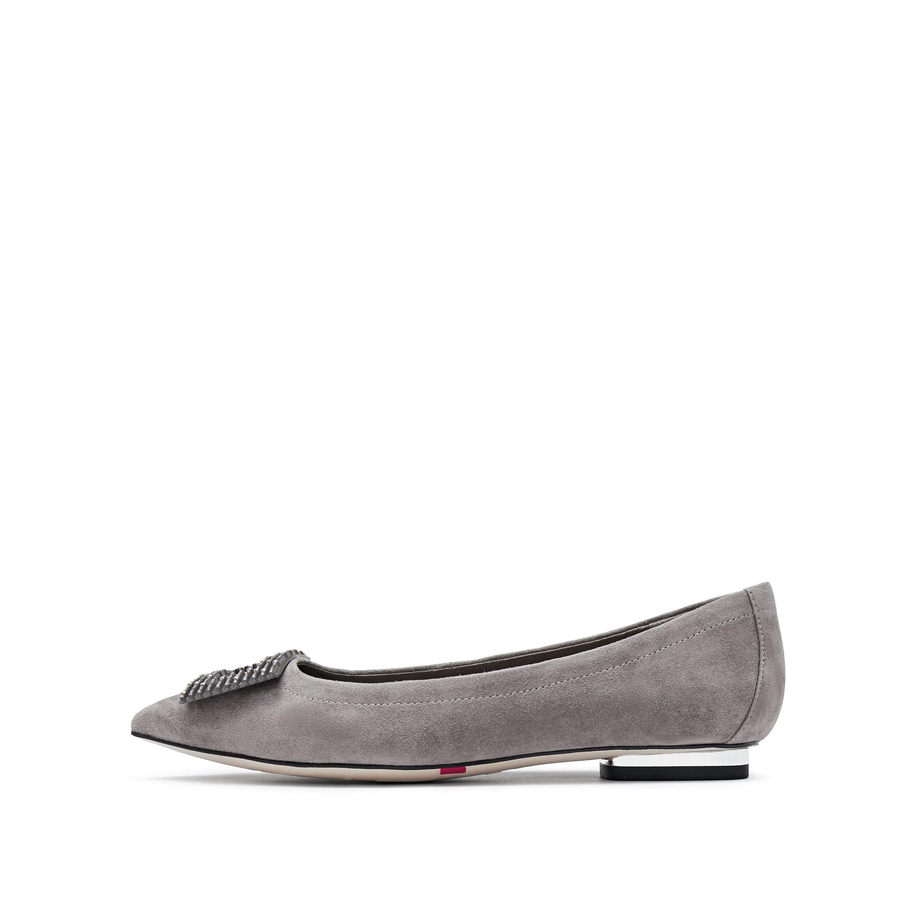 Grey Square Buckle Suede Pointy Flats