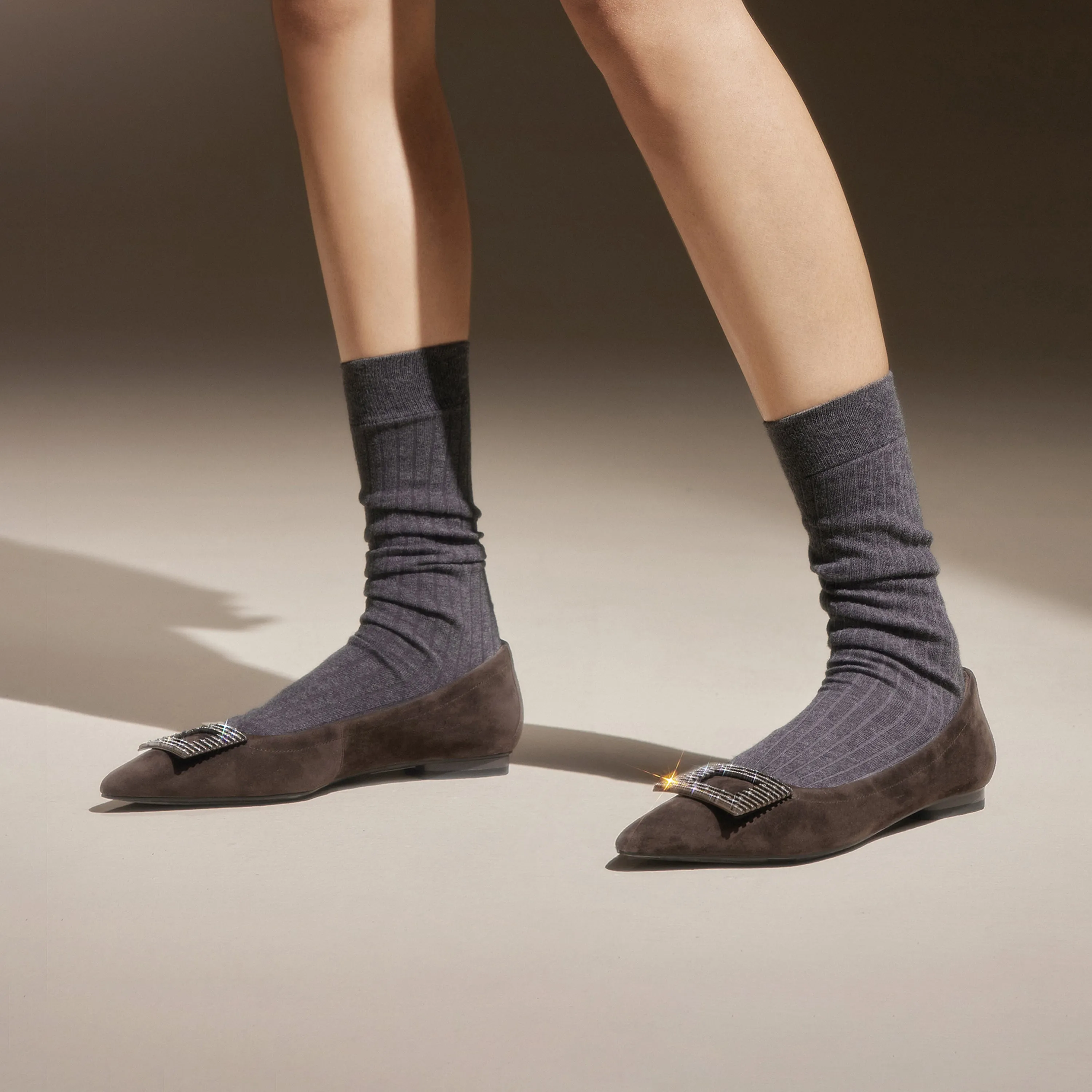 Grey Square Buckle Suede Pointy Flats