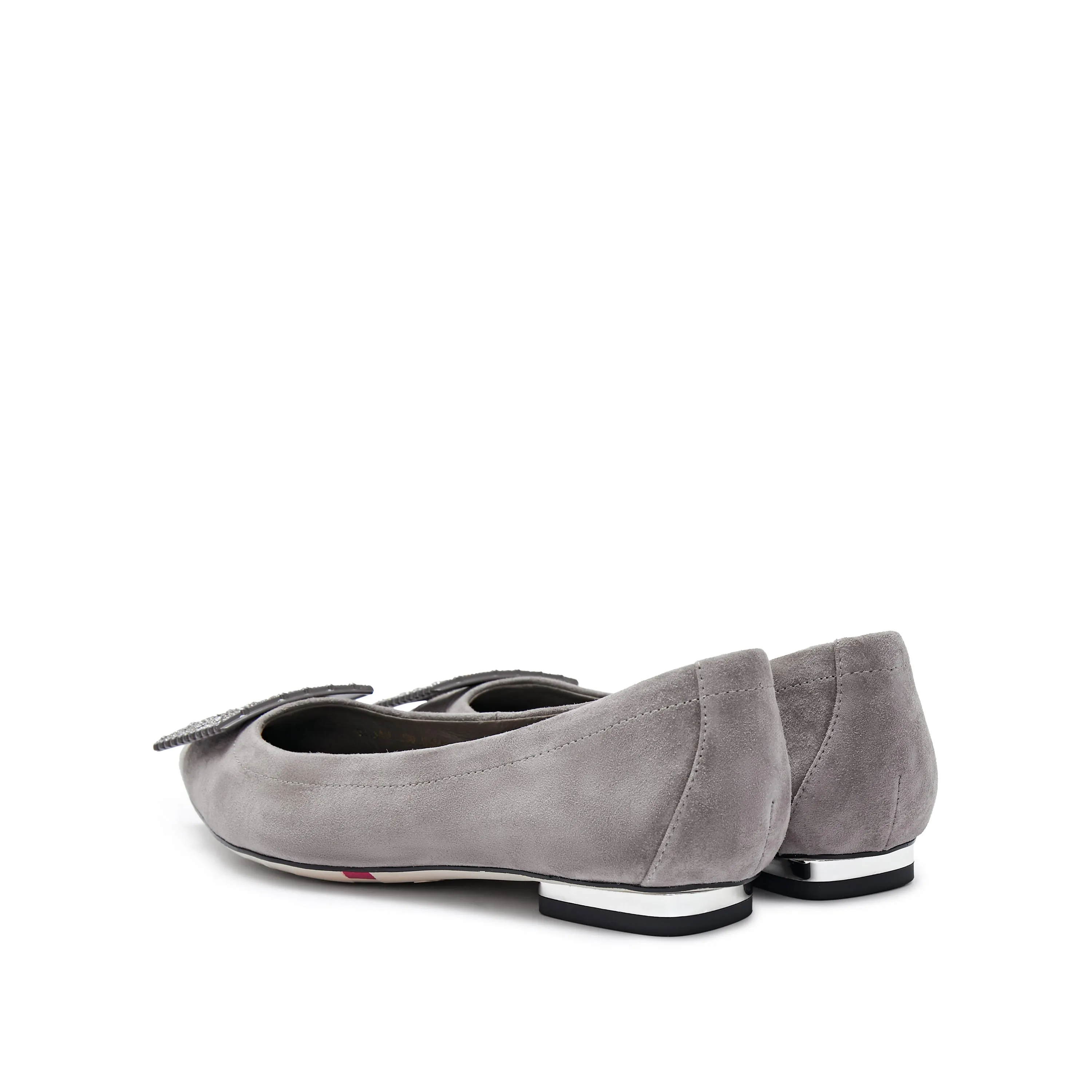 Grey Square Buckle Suede Pointy Flats