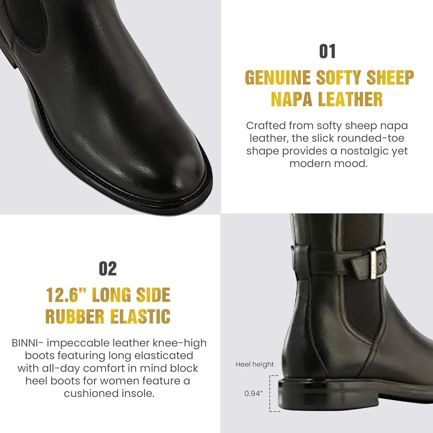 JATAREA Women's Leather Knee-High Boots - Stylish Block Heel - Comfortable Bootie for Females - Cushioned Insole for Comfort - Durable and Versatile Design