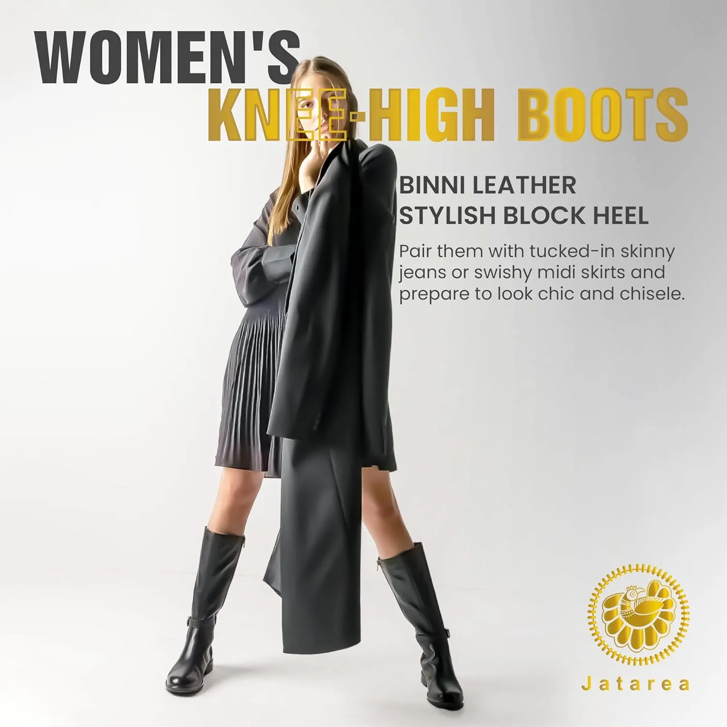 JATAREA Women's Leather Knee-High Boots - Stylish Block Heel - Comfortable Bootie for Females - Cushioned Insole for Comfort - Durable and Versatile Design