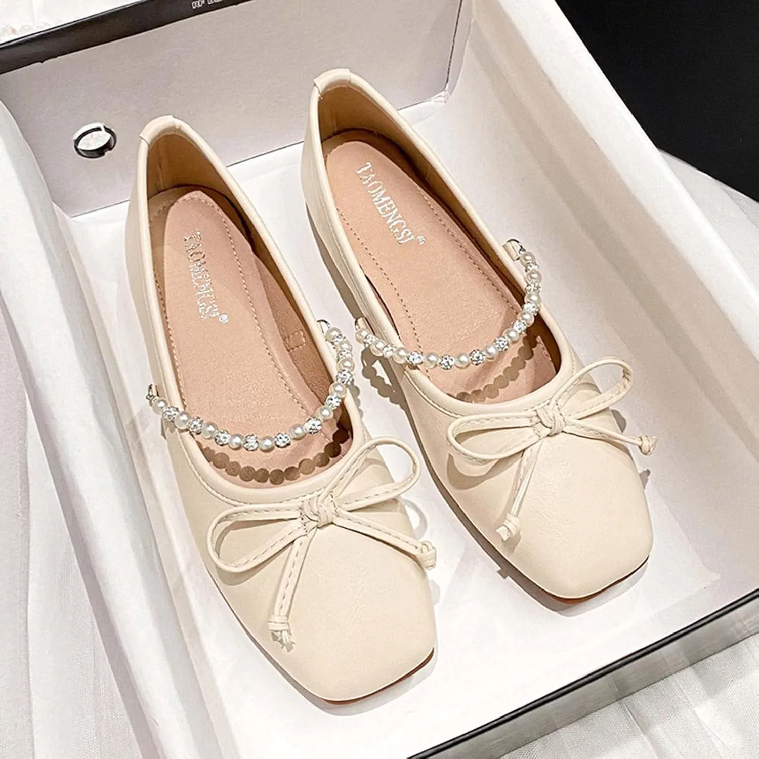 JOEupin Women's PU Leather Dress Shoes Square Toe Flats Shoes Soft Ballet Flats Shoes Work Shoes