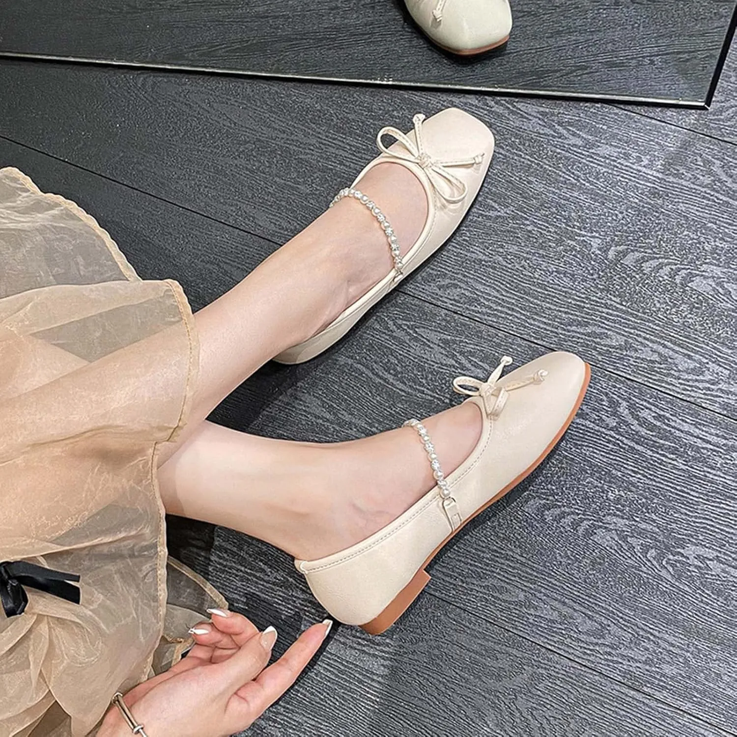 JOEupin Women's PU Leather Dress Shoes Square Toe Flats Shoes Soft Ballet Flats Shoes Work Shoes