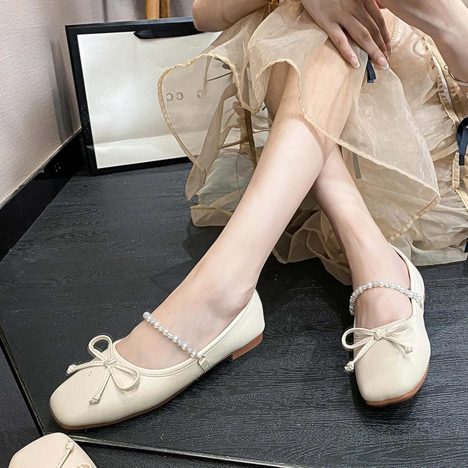 JOEupin Women's PU Leather Dress Shoes Square Toe Flats Shoes Soft Ballet Flats Shoes Work Shoes