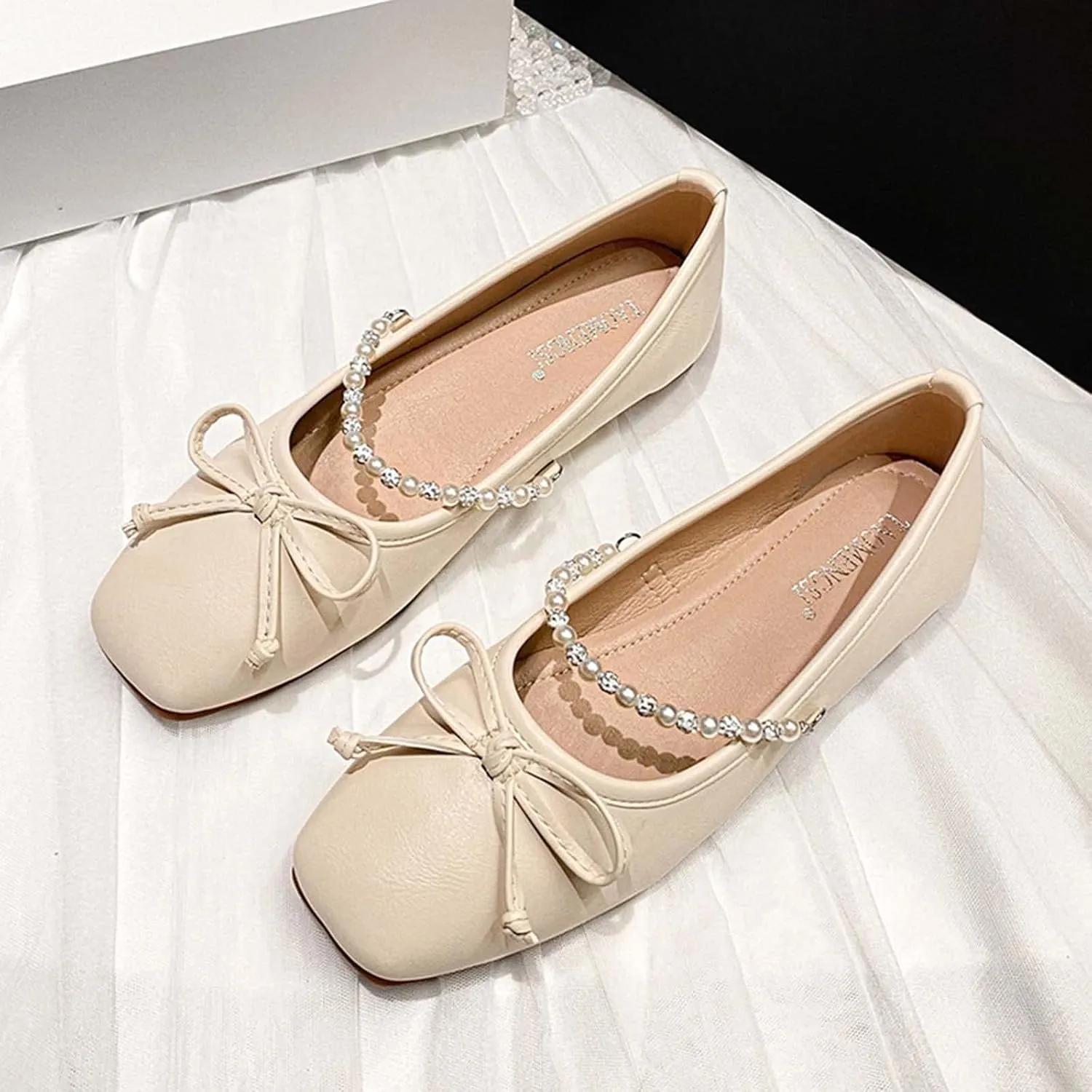 JOEupin Women's PU Leather Dress Shoes Square Toe Flats Shoes Soft Ballet Flats Shoes Work Shoes
