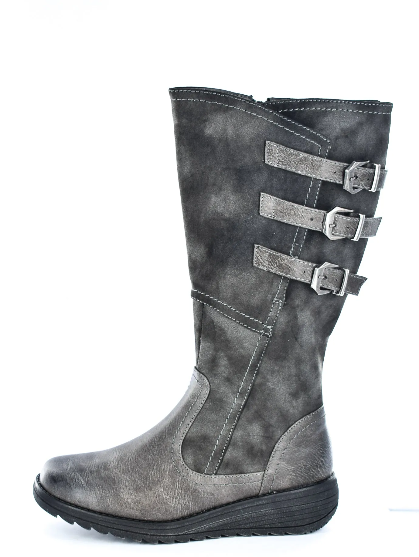 Ladies Triple Buckle Brushed Faux Leather Classic High Leg Boot Grey