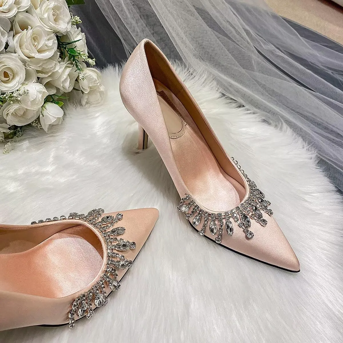 LUXINYU Women Pointed Toe Heels Elegant Stiletto Fashion Pearl Rhinestone Ladies Pumps Wedding Dress Shoes Comfortable Kitten Heels Work Shoes