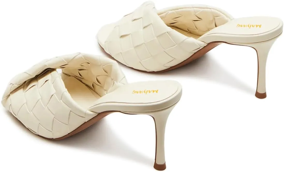 Maiyang Women Trendy Open Toe Slip on Braided Mules Stiletto High Heel Party Event Daily Walking Slide Sandals Size 4-16 US