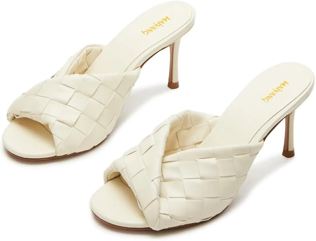 Maiyang Women Trendy Open Toe Slip on Braided Mules Stiletto High Heel Party Event Daily Walking Slide Sandals Size 4-16 US