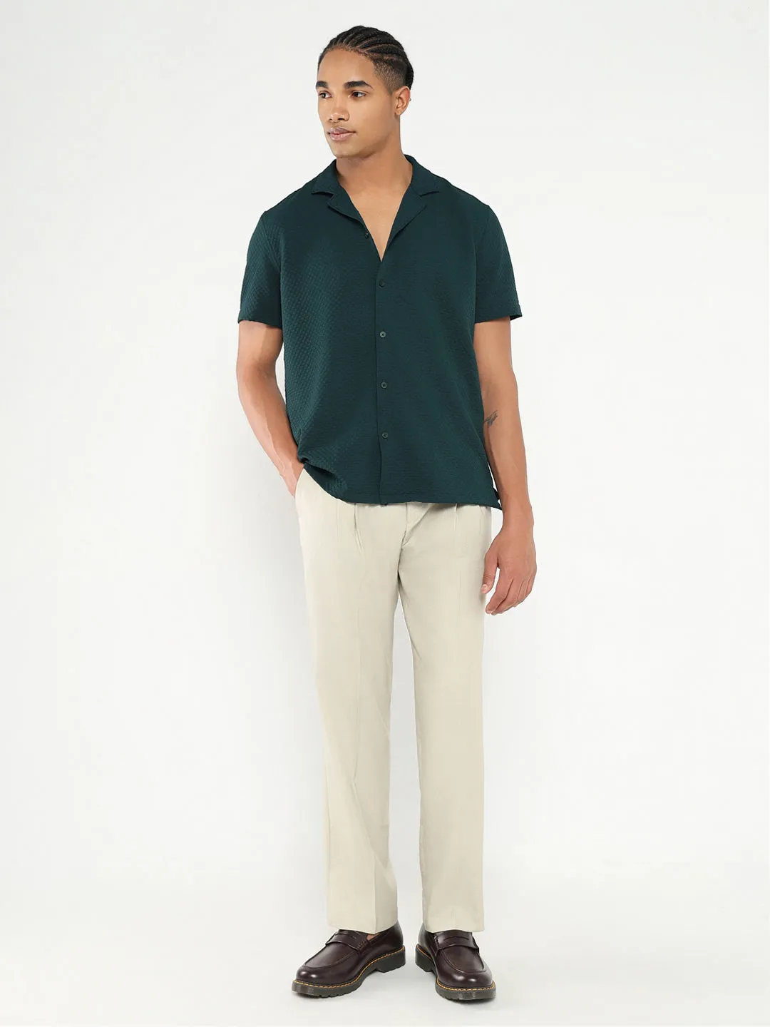 Men Green Cuban Collar Solid Shirt