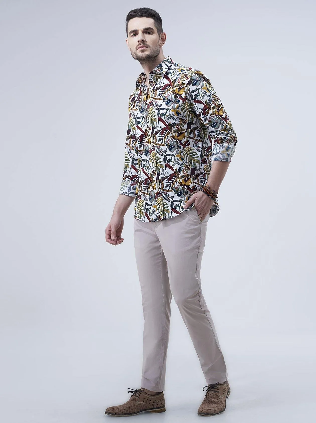 Men White Floral Printed Casual Shirt (GBN6019)
