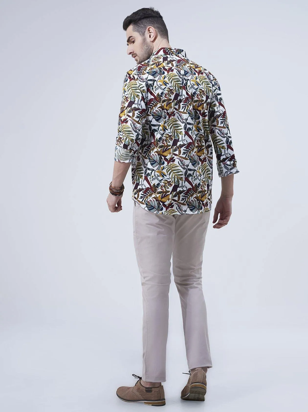 Men White Floral Printed Casual Shirt (GBN6019)