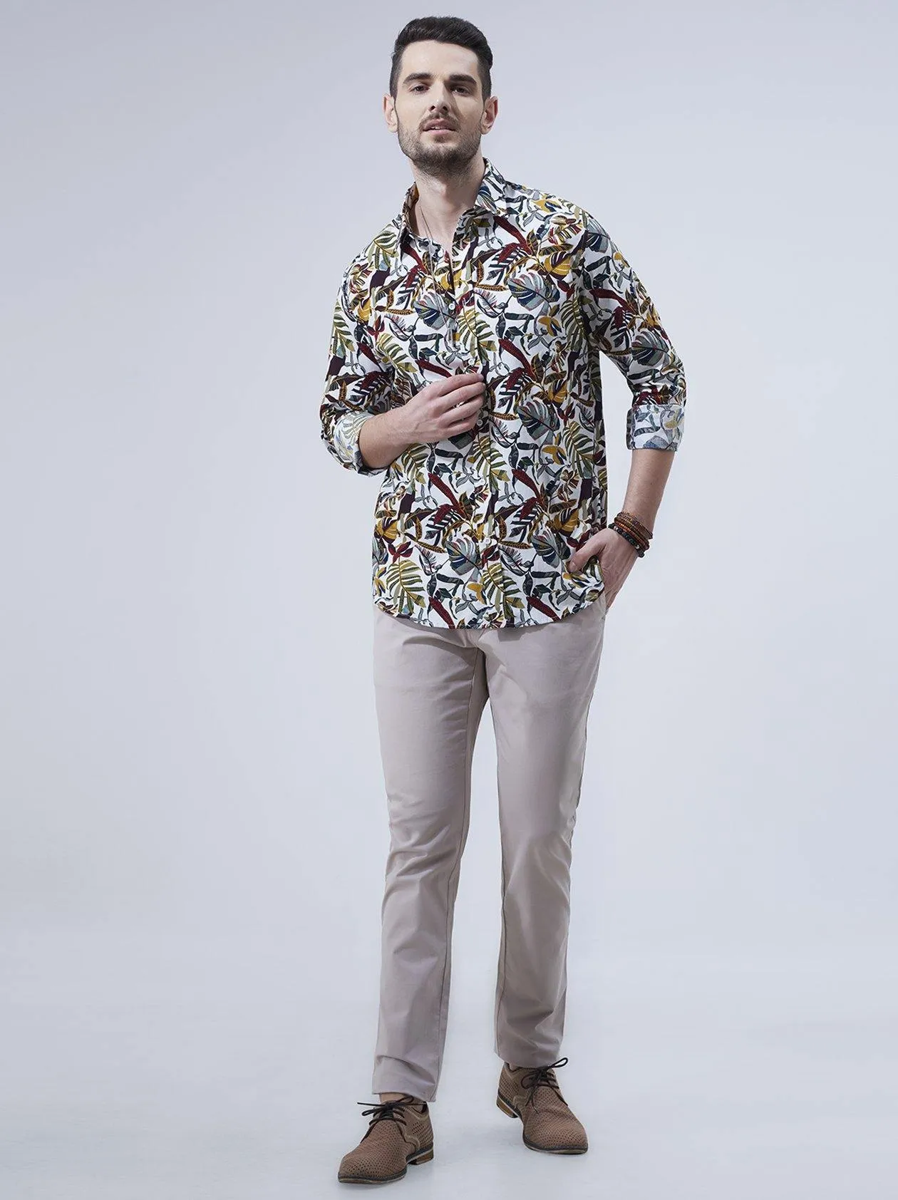 Men White Floral Printed Casual Shirt (GBN6019)